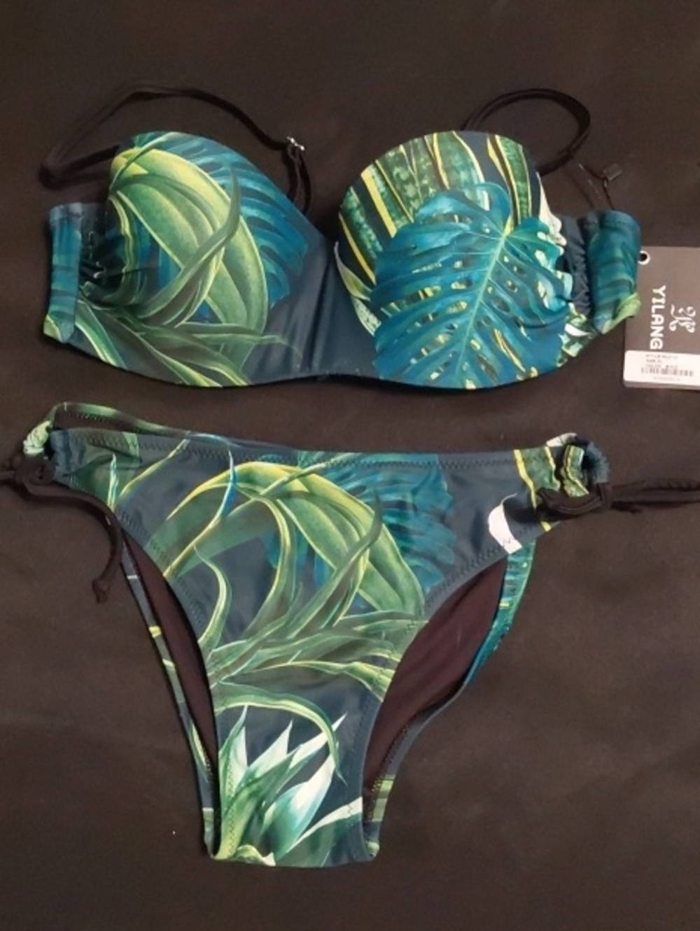 Yilang Green Tropical Leaf Bandeau Bikini Set